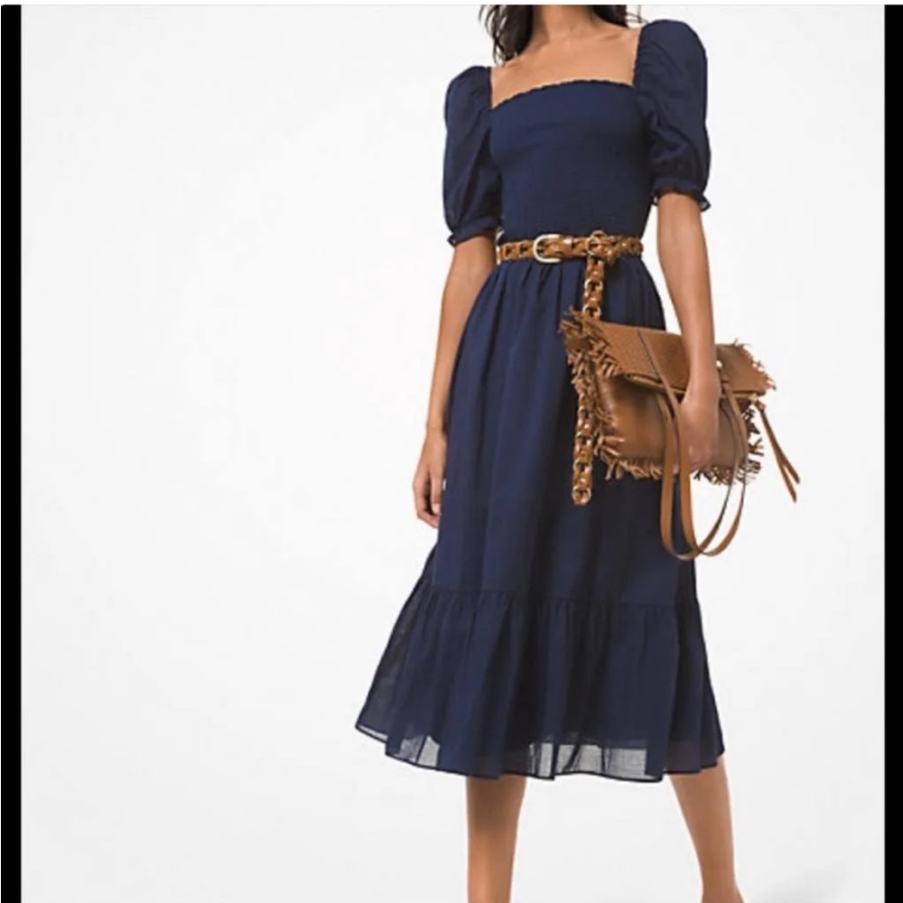 Michael Kors Navy Puff Sleeve Smocked Dress
